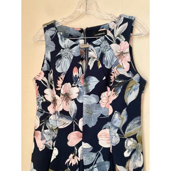 Liz Claiborne Women's Dress Size 10 Dark Navy Blue Floral Sleeveless Silver Bar - Picture 3 of 5